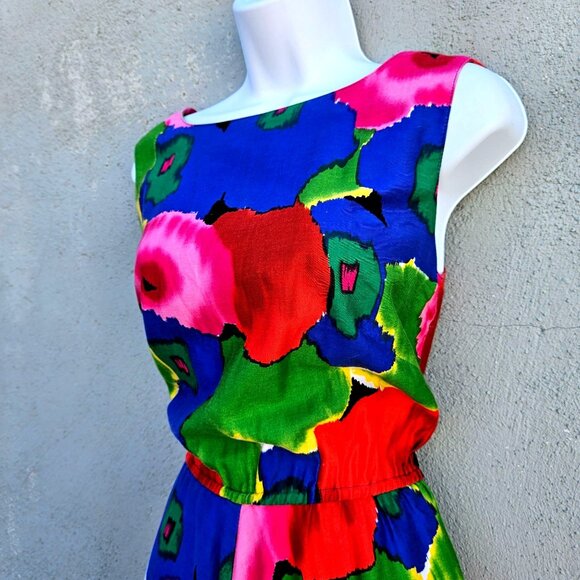 Lanz Originals 80s Bright Floral Sleeveless Fit Flare Midi Dress Size M Pockets - Picture 7 of 9